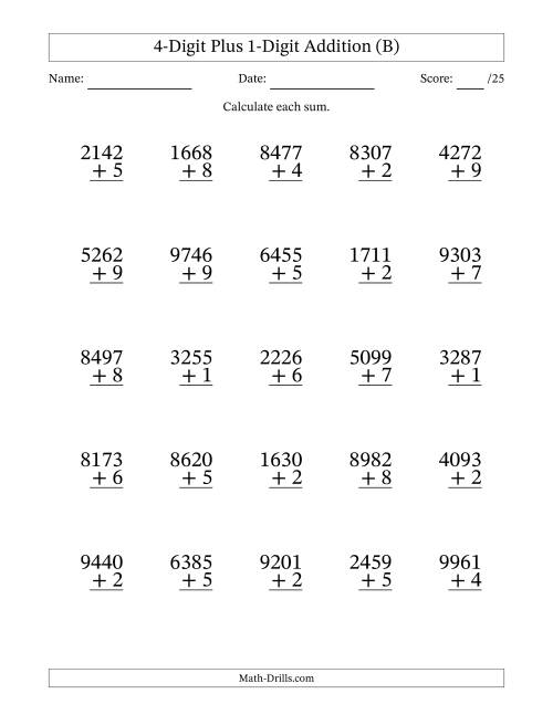 The 4-Digit Plus 1-Digit Addition With Some Regrouping (25 Questions) (B) Math Worksheet