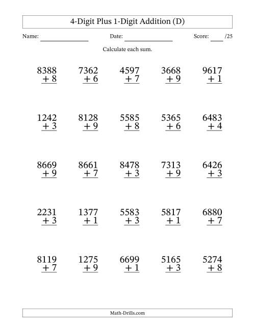 The 4-Digit Plus 1-Digit Addition With Some Regrouping (25 Questions) (D) Math Worksheet