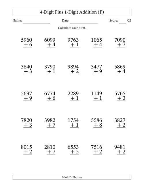The 4-Digit Plus 1-Digit Addition With Some Regrouping (25 Questions) (F) Math Worksheet