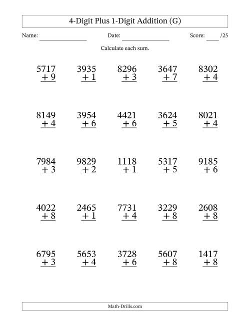 The 4-Digit Plus 1-Digit Addition With Some Regrouping (25 Questions) (G) Math Worksheet
