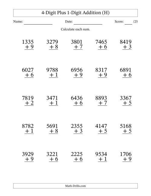 The 4-Digit Plus 1-Digit Addition With Some Regrouping (25 Questions) (H) Math Worksheet