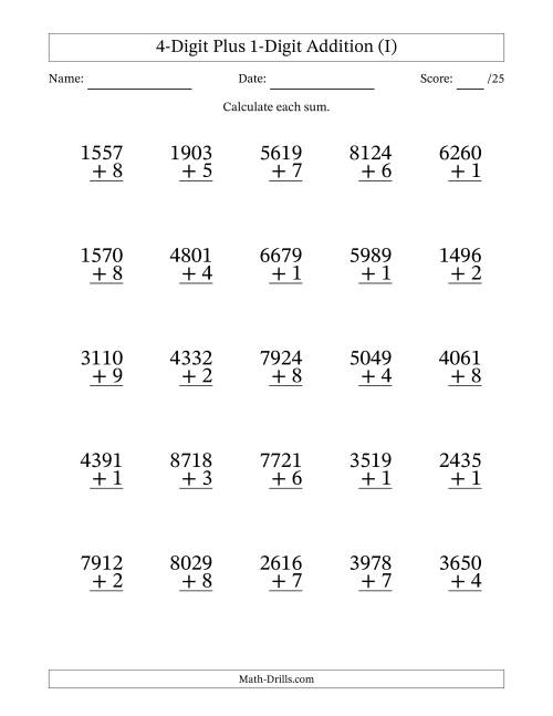 The 4-Digit Plus 1-Digit Addition With Some Regrouping (25 Questions) (I) Math Worksheet