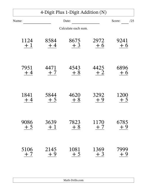 The 4-Digit Plus 1-Digit Addition With Some Regrouping (25 Questions) (N) Math Worksheet
