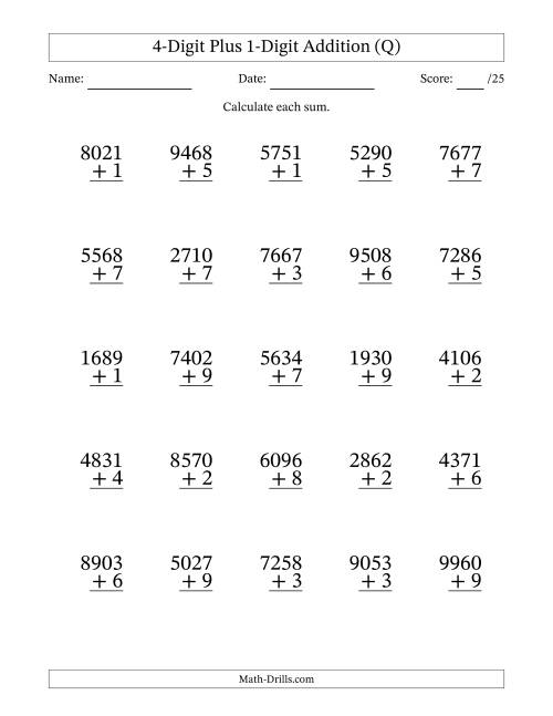 The 4-Digit Plus 1-Digit Addition With Some Regrouping (25 Questions) (Q) Math Worksheet