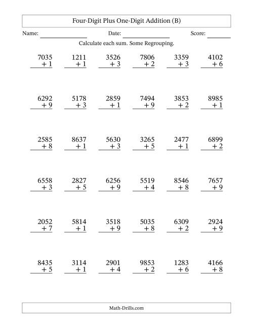 The Four-Digit Plus One-Digit Addition With Some Regrouping – 36 Questions (B) Math Worksheet