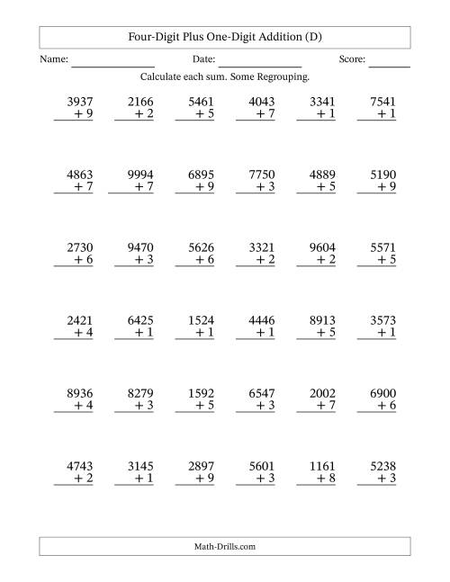 The Four-Digit Plus One-Digit Addition With Some Regrouping – 36 Questions (D) Math Worksheet