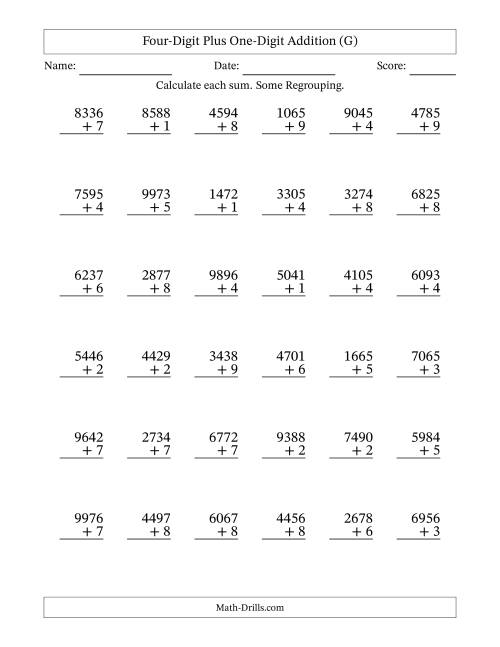 The Four-Digit Plus One-Digit Addition With Some Regrouping – 36 Questions (G) Math Worksheet