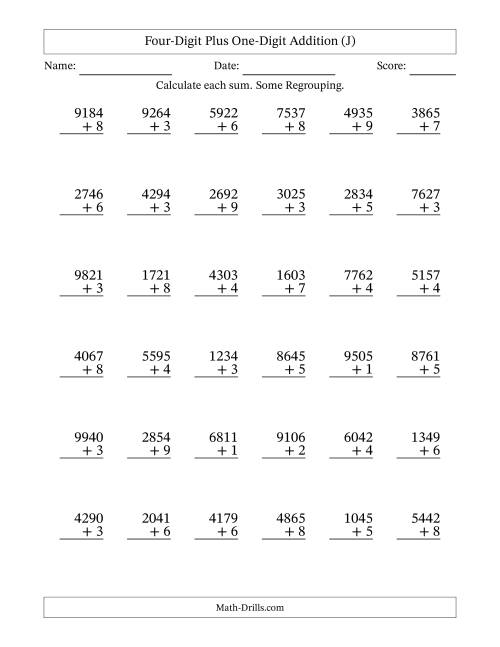 The Four-Digit Plus One-Digit Addition With Some Regrouping – 36 Questions (J) Math Worksheet