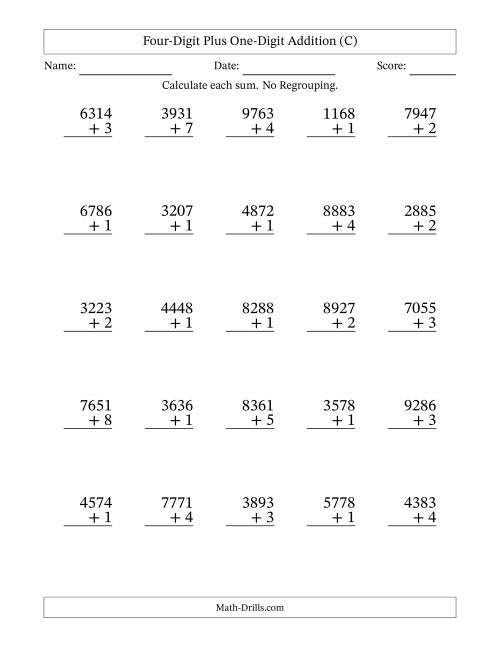 The Four-Digit Plus One-Digit Addition With No Regrouping – 25 Questions (C) Math Worksheet