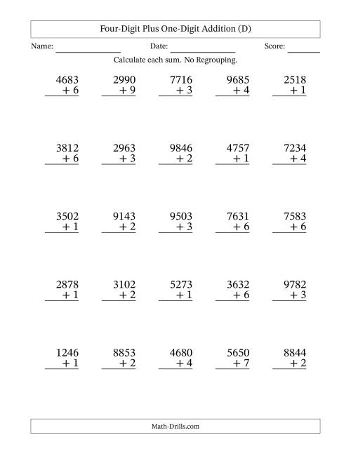 The Four-Digit Plus One-Digit Addition With No Regrouping – 25 Questions (D) Math Worksheet