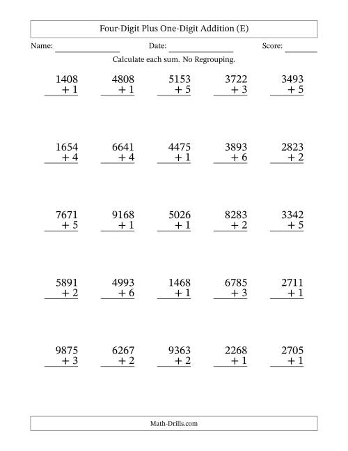 The 4-Digit Plus 1-Digit Addition with NO Regrouping (E) Math Worksheet