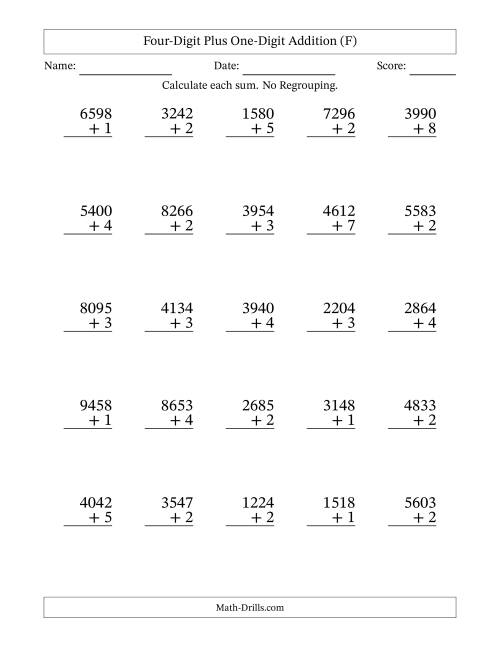 The 4-Digit Plus 1-Digit Addition with NO Regrouping (F) Math Worksheet