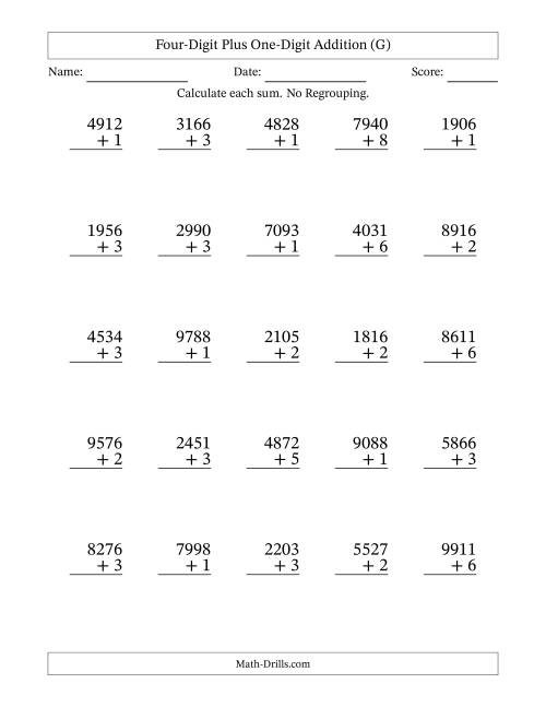 The Four-Digit Plus One-Digit Addition With No Regrouping – 25 Questions (G) Math Worksheet