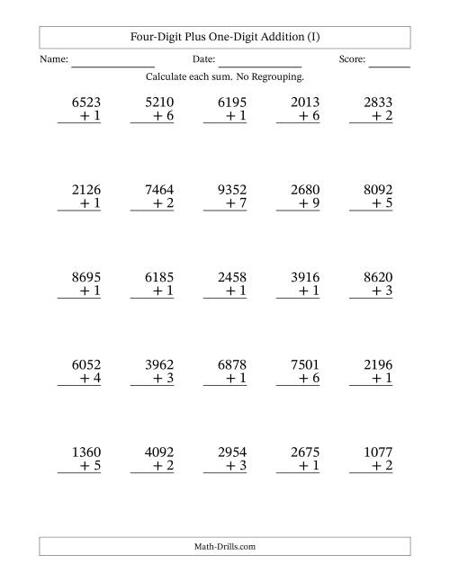 The 4-Digit Plus 1-Digit Addition with NO Regrouping (I) Math Worksheet