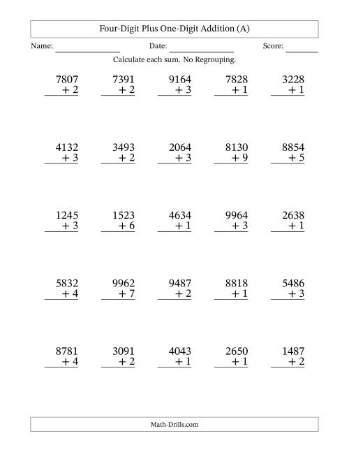 The 4-Digit Plus 1-Digit Addition with NO Regrouping (All) Math Worksheet