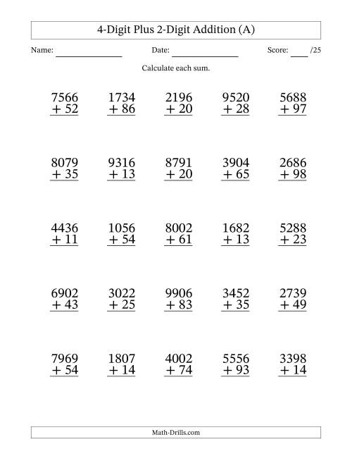 The 4-Digit Plus 2-Digit Addition With Some Regrouping (25 Questions) (A) Math Worksheet