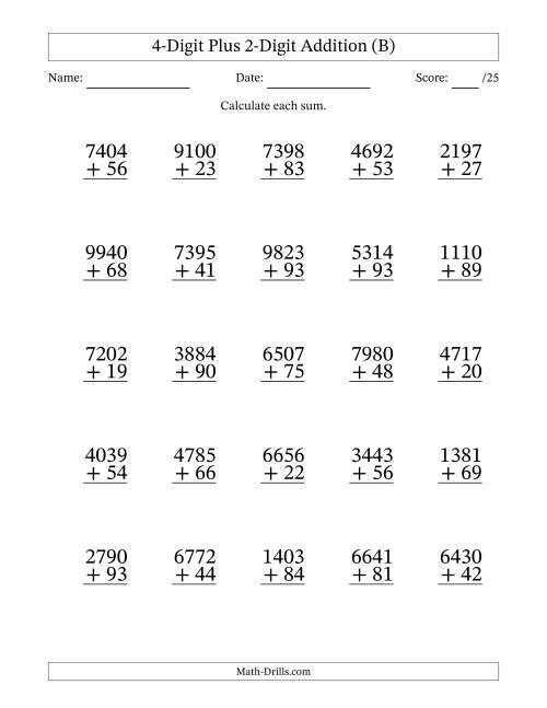 The 4-Digit Plus 2-Digit Addition With Some Regrouping (25 Questions) (B) Math Worksheet