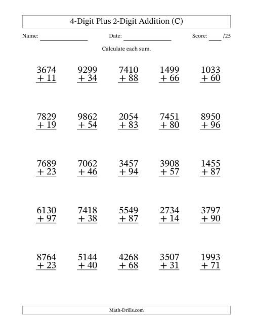 The 4-Digit Plus 2-Digit Addition With Some Regrouping (25 Questions) (C) Math Worksheet