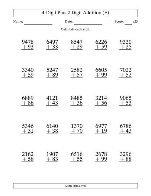 The 4-Digit Plus 2-Digit Addition With Some Regrouping (25 Questions) (E) Math Worksheet