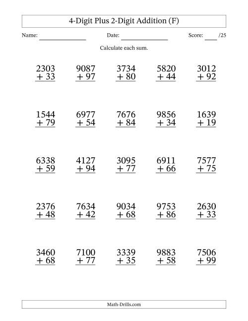 The 4-Digit Plus 2-Digit Addition With Some Regrouping (25 Questions) (F) Math Worksheet