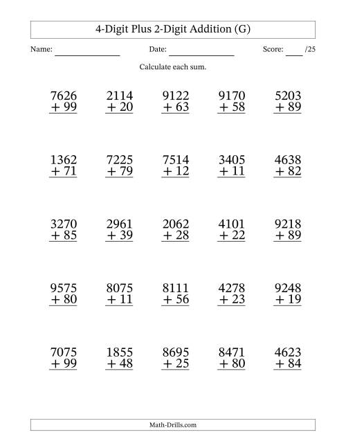 The 4-Digit Plus 2-Digit Addition With Some Regrouping (25 Questions) (G) Math Worksheet