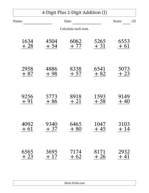 The 4-Digit Plus 2-Digit Addition With Some Regrouping (25 Questions) (I) Math Worksheet