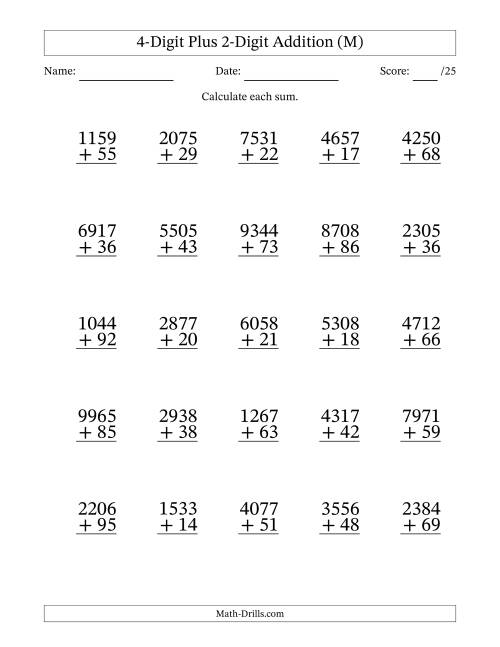 The 4-Digit Plus 2-Digit Addition With Some Regrouping (25 Questions) (M) Math Worksheet