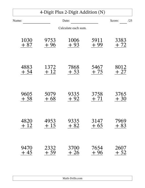 The 4-Digit Plus 2-Digit Addition With Some Regrouping (25 Questions) (N) Math Worksheet