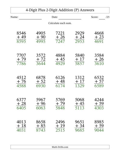 The 4-Digit Plus 2-Digit Addition With Some Regrouping (25 Questions) (P) Math Worksheet Page 2