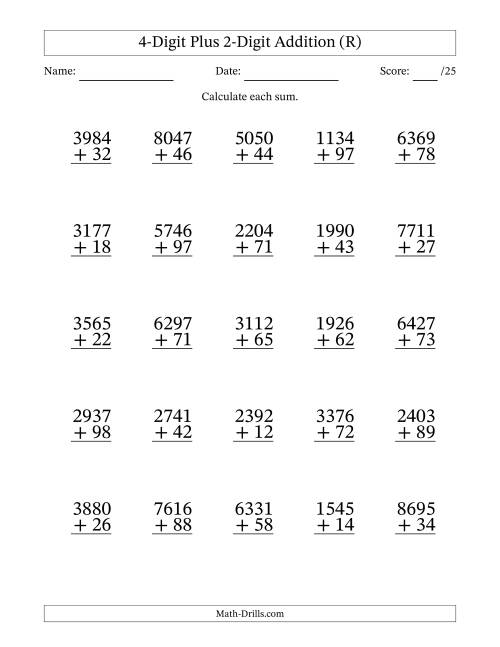The 4-Digit Plus 2-Digit Addition With Some Regrouping (25 Questions) (R) Math Worksheet