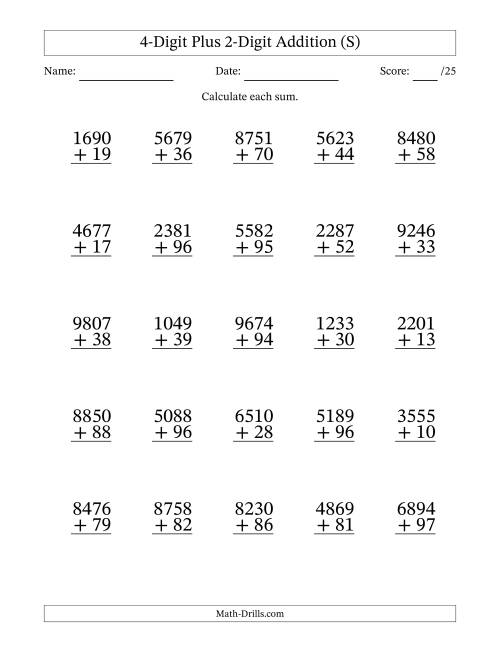 The 4-Digit Plus 2-Digit Addition With Some Regrouping (25 Questions) (S) Math Worksheet