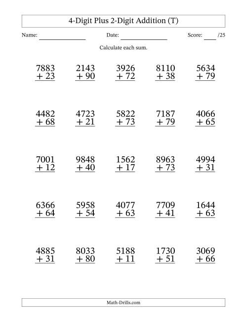The 4-Digit Plus 2-Digit Addition With Some Regrouping (25 Questions) (T) Math Worksheet
