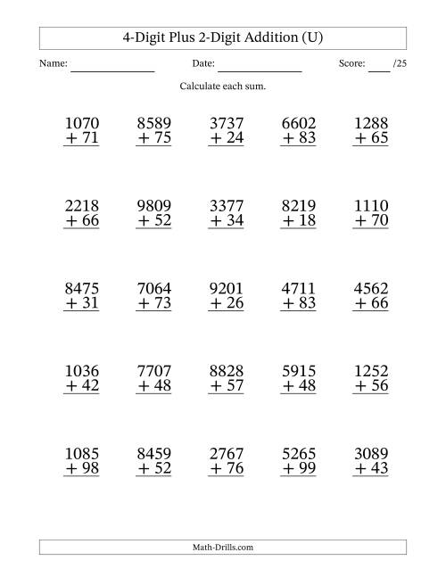 The 4-Digit Plus 2-Digit Addition With Some Regrouping (25 Questions) (U) Math Worksheet