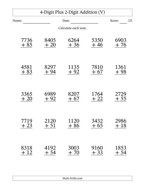 The 4-Digit Plus 2-Digit Addition With Some Regrouping (25 Questions) (V) Math Worksheet