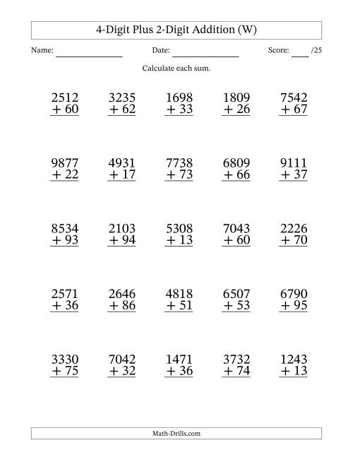 The 4-Digit Plus 2-Digit Addition With Some Regrouping (25 Questions) (W) Math Worksheet