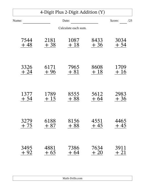 The 4-Digit Plus 2-Digit Addition With Some Regrouping (25 Questions) (Y) Math Worksheet