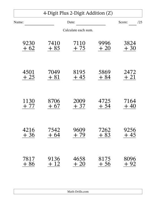 The 4-Digit Plus 2-Digit Addition With Some Regrouping (25 Questions) (Z) Math Worksheet