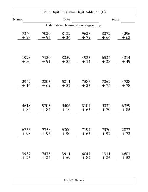 The Four-Digit Plus Two-Digit Addition With Some Regrouping – 36 Questions (B) Math Worksheet