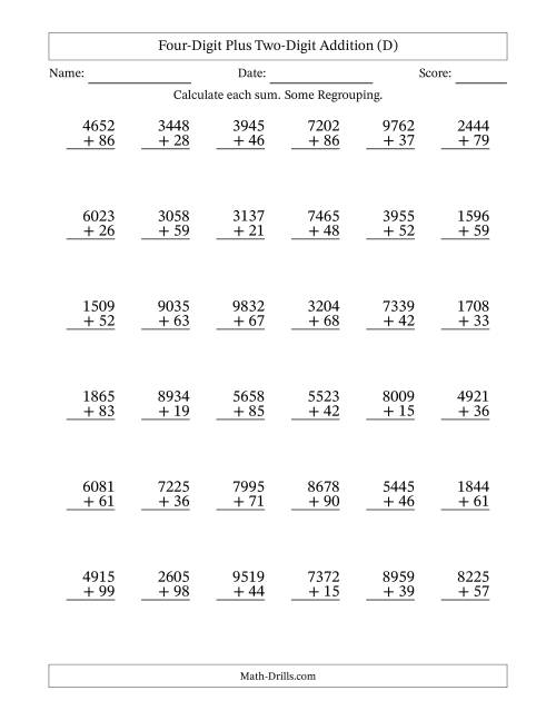 The Four-Digit Plus Two-Digit Addition With Some Regrouping – 36 Questions (D) Math Worksheet