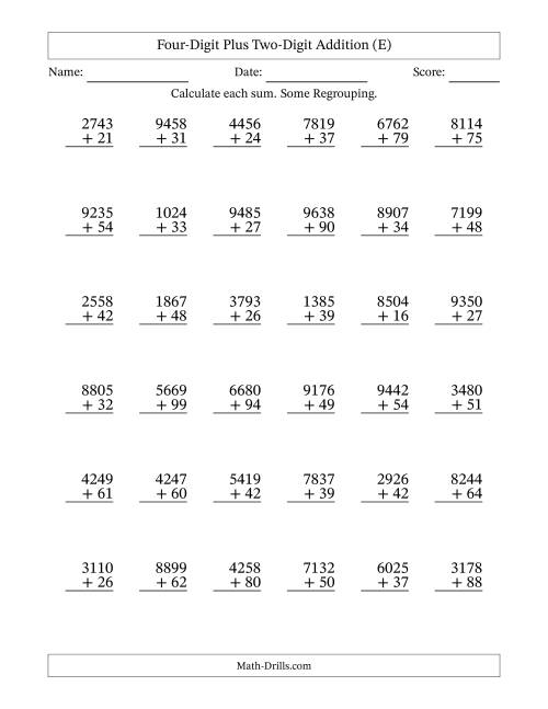 The Four-Digit Plus Two-Digit Addition With Some Regrouping – 36 Questions (E) Math Worksheet