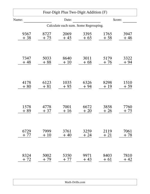 The Four-Digit Plus Two-Digit Addition With Some Regrouping – 36 Questions (F) Math Worksheet