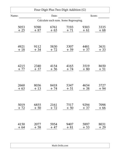 The Four-Digit Plus Two-Digit Addition With Some Regrouping – 36 Questions (G) Math Worksheet