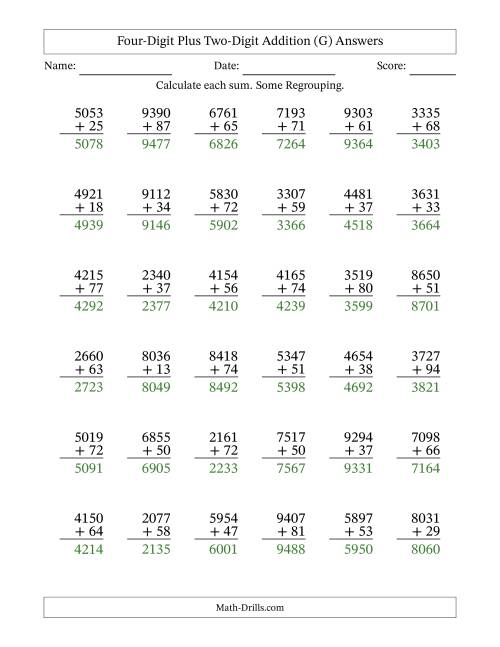 The Four-Digit Plus Two-Digit Addition With Some Regrouping – 36 Questions (G) Math Worksheet Page 2