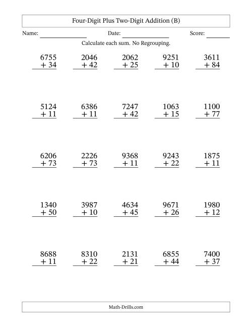 The Four-Digit Plus Two-Digit Addition With No Regrouping – 25 Questions (B) Math Worksheet