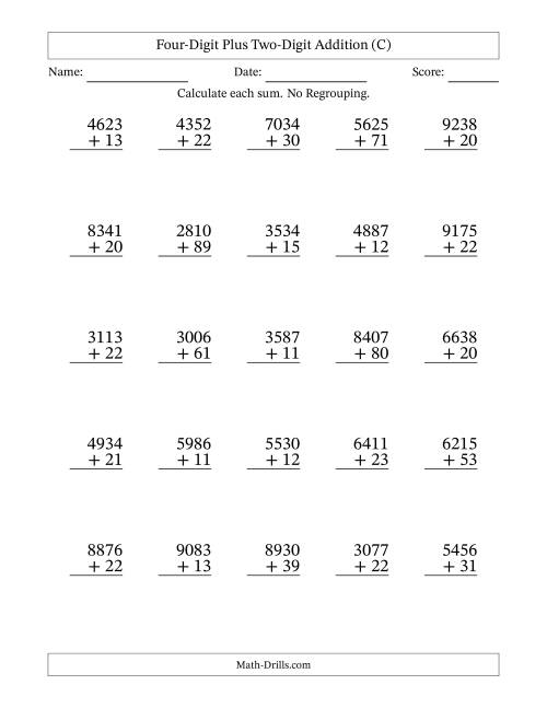 The 4-Digit Plus 2-Digit Addition with NO Regrouping (C) Math Worksheet