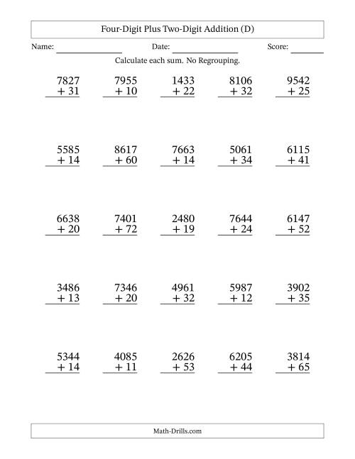 The 4-Digit Plus 2-Digit Addition with NO Regrouping (D) Math Worksheet