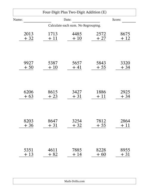 The 4-Digit Plus 2-Digit Addition with NO Regrouping (E) Math Worksheet
