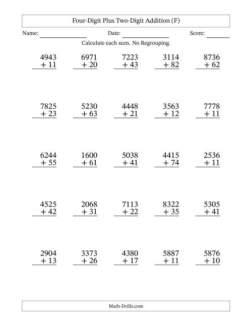 The 4-Digit Plus 2-Digit Addition with NO Regrouping (F) Math Worksheet