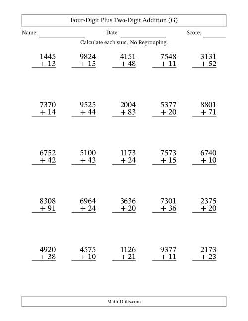 The 4-Digit Plus 2-Digit Addition with NO Regrouping (G) Math Worksheet