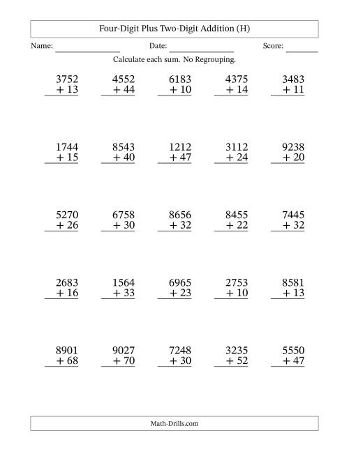 The Four-Digit Plus Two-Digit Addition With No Regrouping – 25 Questions (H) Math Worksheet